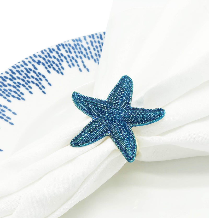 Fennco Styles Fennco Styles Coastal Sea Creatures Metal Napkin Rings  Set of 4 - Blue Nautical Napkin Holders for Home D?cor  Dining Table  Banquets  Family Gathering and Special Occasions (Gold Ring) - Image 3