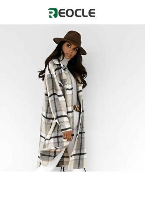 Women's Plaid Coat Casual Lapel Button Down Long Plaid Shirt Coat Wool Blend Winter Tartan Trench Coat With Pockets