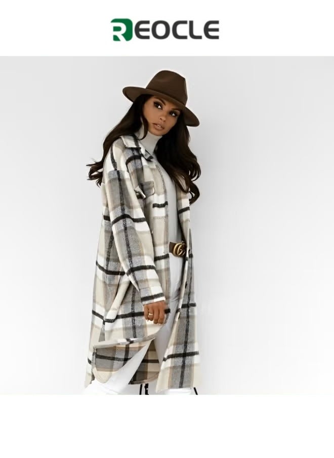REOCLE Women's Plaid Coat Casual Lapel Button Down Long Plaid Shirt Coat Wool Blend Winter Tartan Trench Coat With Pockets  - Image 1