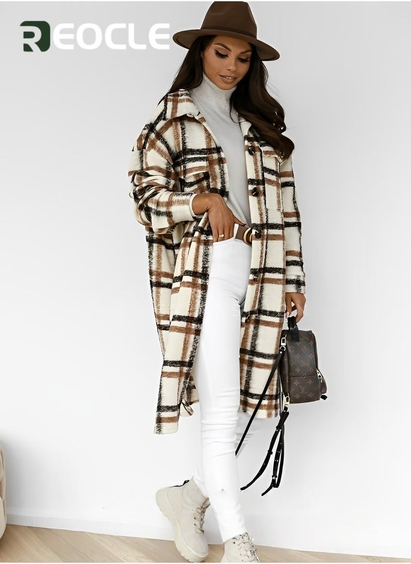 REOCLE Women's Plaid Coat Casual Lapel Button Down Long Plaid Shirt Coat Wool Blend Winter Tartan Trench Coat With Pockets  - Image 5