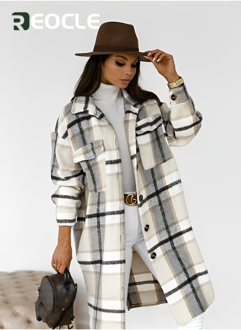 REOCLE Women's Plaid Coat Casual Lapel Button Down Long Plaid Shirt Coat Wool Blend Winter Tartan Trench Coat With Pockets  - Image 2