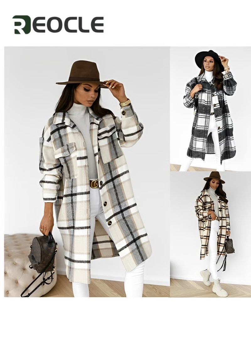 Women's Plaid Coat Casual Lapel Button Down Long Plaid Shirt Coat Wool Blend Winter Tartan Trench Coat With Pockets