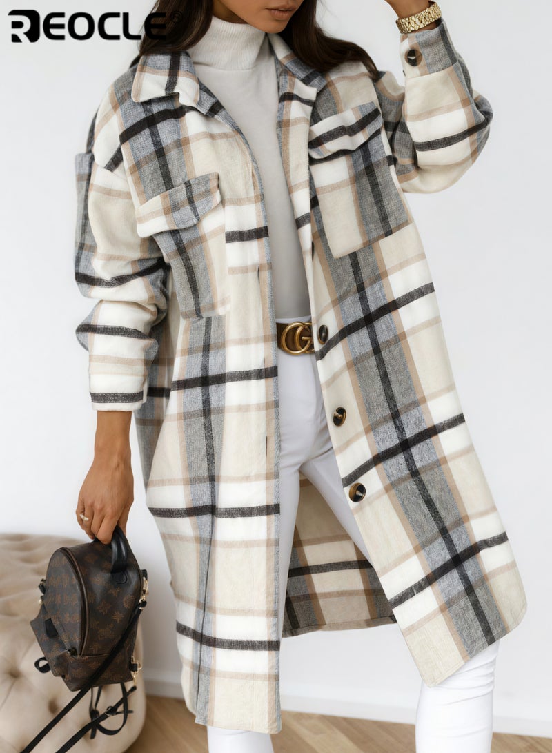 REOCLE Women's Plaid Coat Casual Lapel Button Down Long Plaid Shirt Coat Wool Blend Winter Tartan Trench Coat With Pockets - Image 1