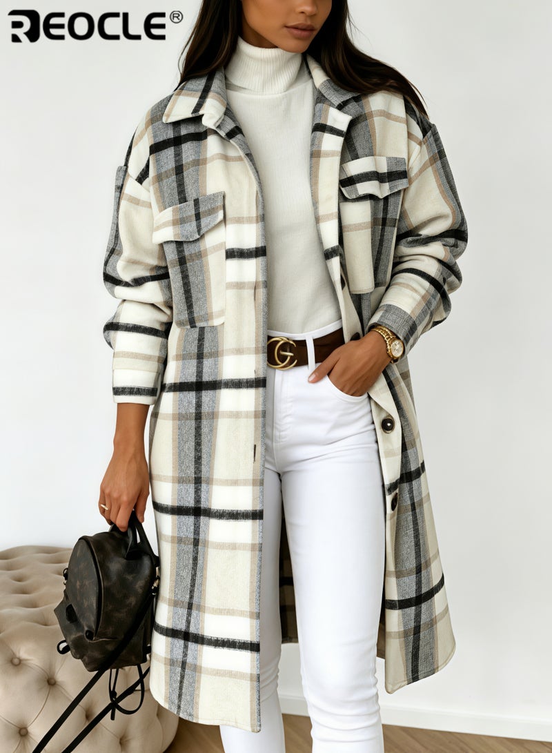 REOCLE Women's Plaid Coat Casual Lapel Button Down Long Plaid Shirt Coat Wool Blend Winter Tartan Trench Coat With Pockets - Image 5