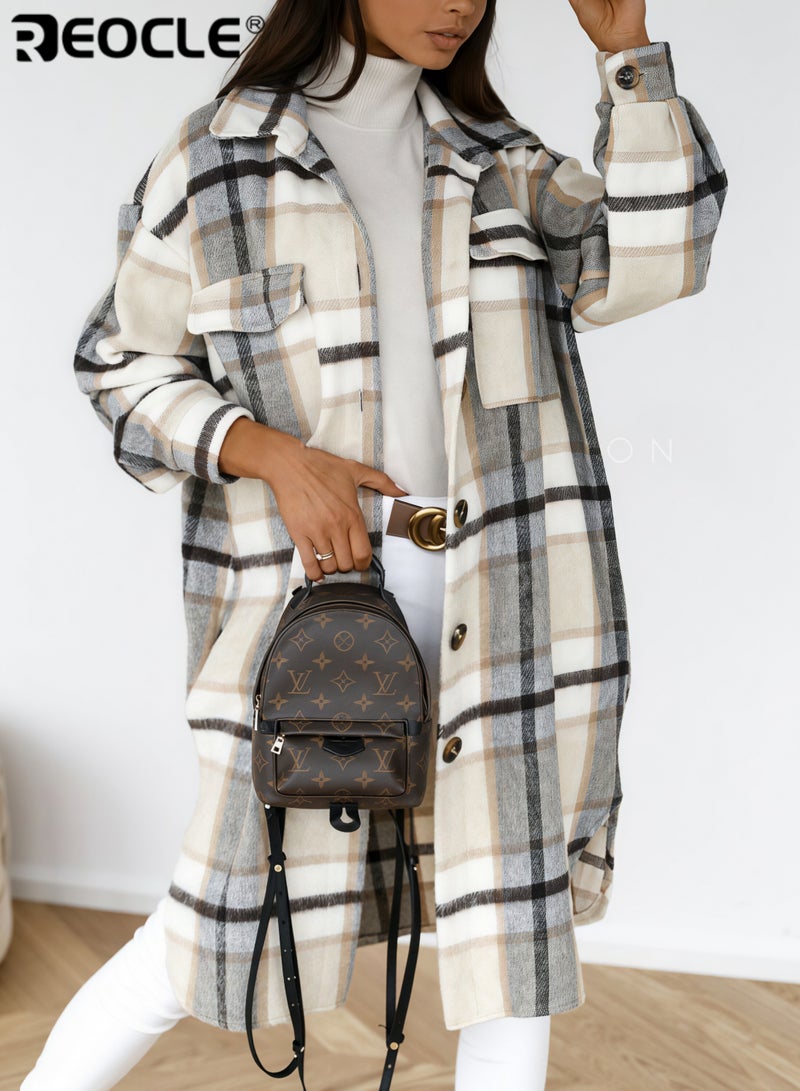 REOCLE Women's Plaid Coat Casual Lapel Button Down Long Plaid Shirt Coat Wool Blend Winter Tartan Trench Coat With Pockets - Image 2