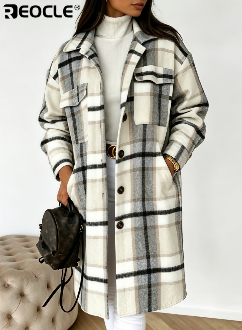 REOCLE Women's Plaid Coat Casual Lapel Button Down Long Plaid Shirt Coat Wool Blend Winter Tartan Trench Coat With Pockets - Image 4