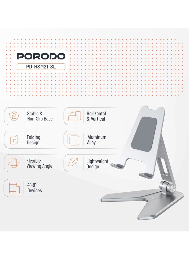 porodo Mobile Stand Aluminum Alloy / Phone Stand / Phone Mount / 8" Devices Support / Lightweight / Flexible Angle Desk Phone Holder - Silver  - Image 2