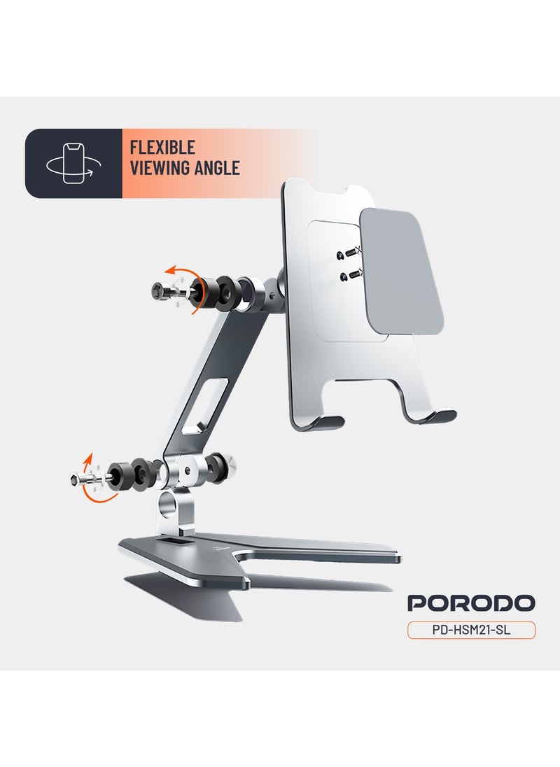 porodo Mobile Stand Aluminum Alloy / Phone Stand / Phone Mount / 8" Devices Support / Lightweight / Flexible Angle Desk Phone Holder - Silver  - Image 5