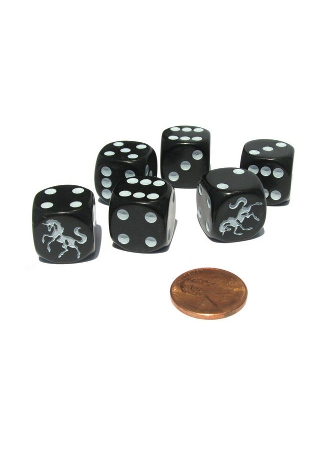 Set of 6 Unicorn 16mm D6 Round Edge Koplow Animal Dice - Black with White Pips