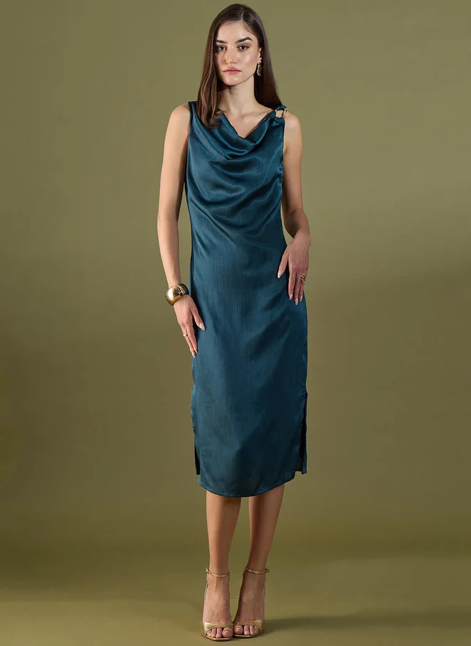 سولت اتاير SALT ATTIRE Teal Cowl Neck Midi Dress