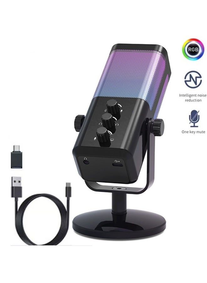 مجموعة ميكروفون استوديو ZFSZ M7 RGB USB ذو مكبر صوت مكثف مع حامل مكتبي دائري ومحول Type-C، مزود بتقنية ذكية لتقليل الضوضاء، وكتم الصوت بضغطة زر واحدة، وميزة التوصيل والتشغيل الفوري، مناسب للألعاب والبث المباشر والبودكاست والهواتف/أجهزة الكمبيوتر - Image 1