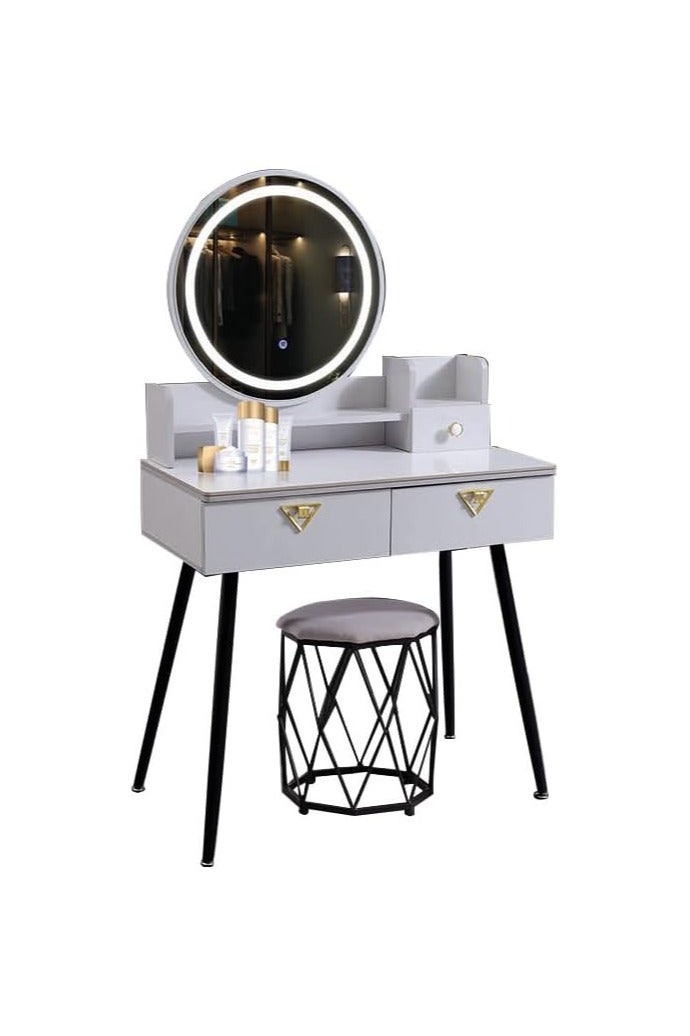 Harmony Homes Vanity Desk with LED Lighted Round Mirror – Makeup Table with Touch Sensor & Multiple Light Modes – 2 Drawers & Storage Cabinets – Dressing Table Set with Cushion Stool – Bedroom Vanity Station - Image 2