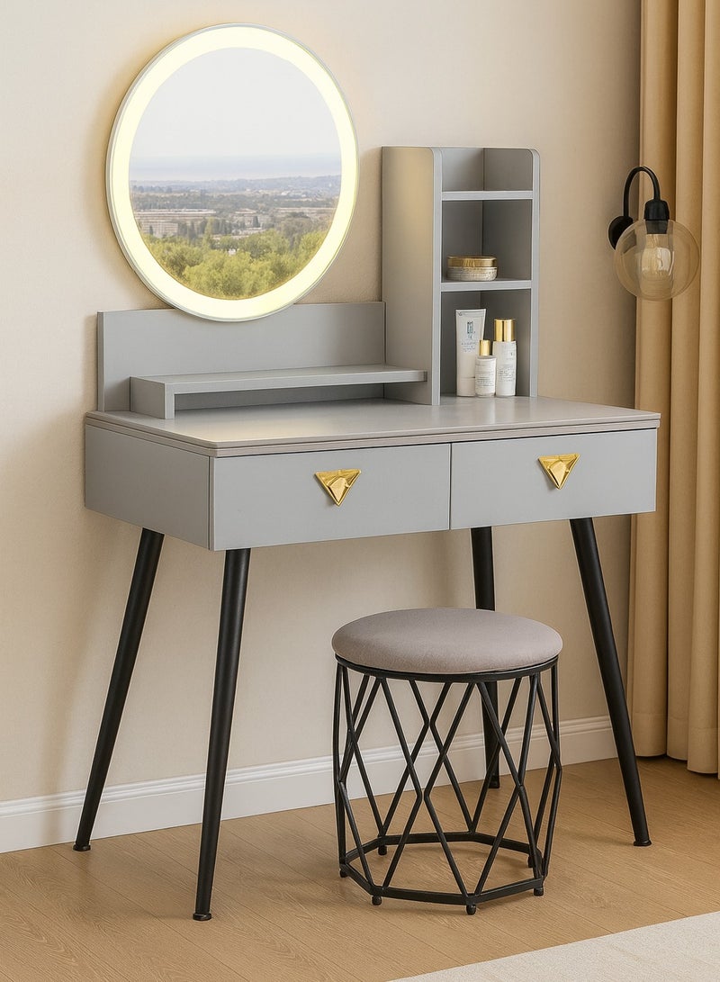 Harmony Homes Vanity Desk with LED Lighted Round Mirror – Makeup Table with Touch Sensor & Multiple Light Modes – 2 Drawers & Storage Cabinets – Dressing Table Set with Cushion Stool – Bedroom Vanity Station - Image 1