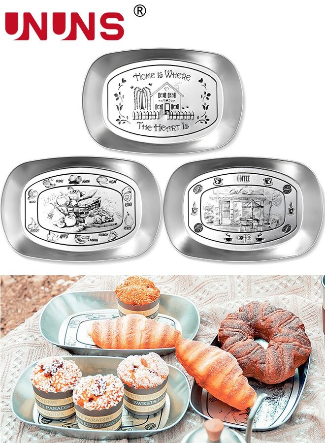 UNUNS 3-Piece Serving Tray,Metal Barbecue Plate,Vintage Feeding Serving Camping Plate Dish For Outdoor,Fruit,BBQ,Flower Pattern - Image 4