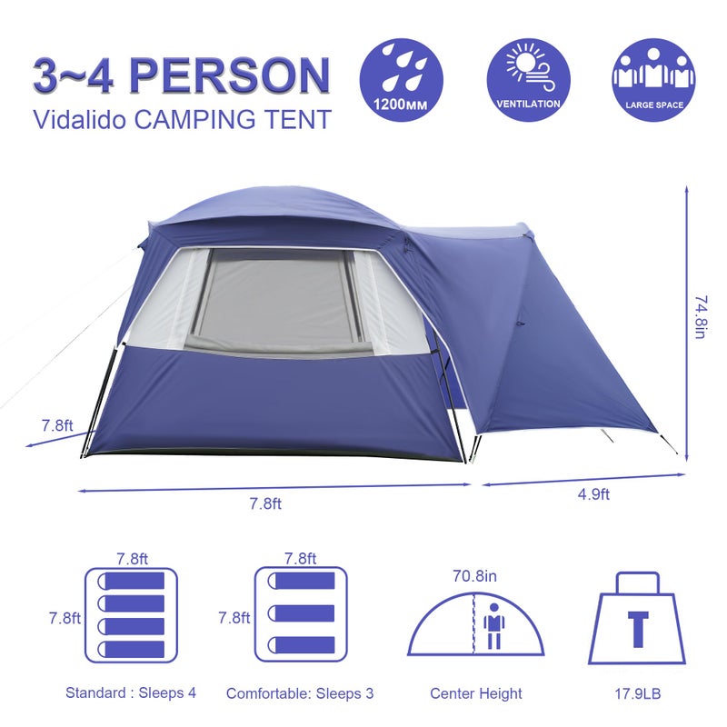 Vidalido 3-4 Person Tent with 1 Mesh Door and 2 Large Mesh Window, Double Layer Waterproof Portable Family Cabin Tent, 4 Person Tents for Outdoor Camping Hiking - Image 5
