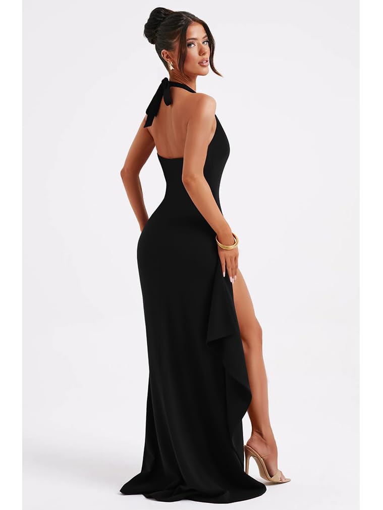 LAGSHIAN Women's Sexy Deep V Neck Halter High Split Backless Cocktail Party Formal Maxi Dress Black - Image 2