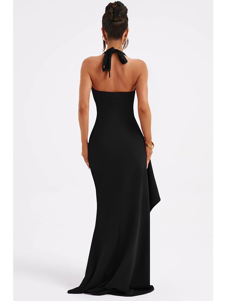 LAGSHIAN Women's Sexy Deep V Neck Halter High Split Backless Cocktail Party Formal Maxi Dress Black - Image 5
