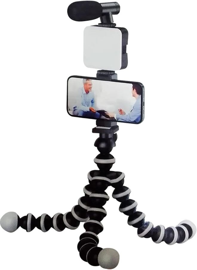 PLOKAMA PLOKAMA - PK-775-5-in-1 Smartphone Video Rig, Camera Mount Stabilizer with LED Light, Microphone, U-Grip Handle - (Black) 