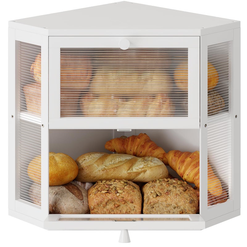 WOWLIVE Corner Bread Box for Kitchen Countertop, Double Layer Bamboo Bread Storage Container, Large Farmhouse Bread box with Acrylic Wavy Door Panel, Under Cabinet Organizer (White, Medium) - Image 1