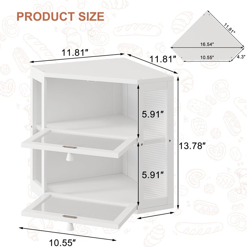 WOWLIVE Corner Bread Box for Kitchen Countertop, Double Layer Bamboo Bread Storage Container, Large Farmhouse Bread box with Acrylic Wavy Door Panel, Under Cabinet Organizer (White, Medium) - Image 3