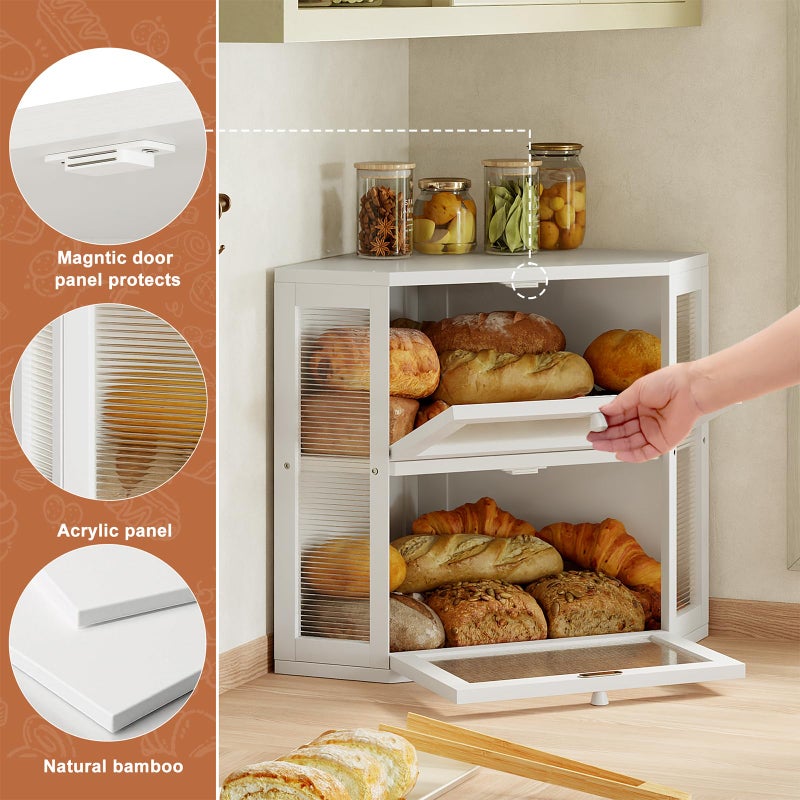 WOWLIVE Corner Bread Box for Kitchen Countertop, Double Layer Bamboo Bread Storage Container, Large Farmhouse Bread box with Acrylic Wavy Door Panel, Under Cabinet Organizer (White, Medium) - Image 4