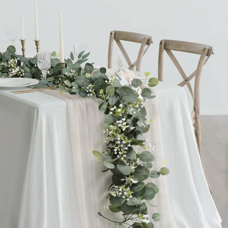 SOMYTING SOMYTING Artificial Eucalyptus Garland with White Flowers 2 Packs 59Ft Silver Dollar Leaves Eucalyptus Garland Faux Greenery Vines for Wedding Arch Table Runner Mantle Party Room Decor 