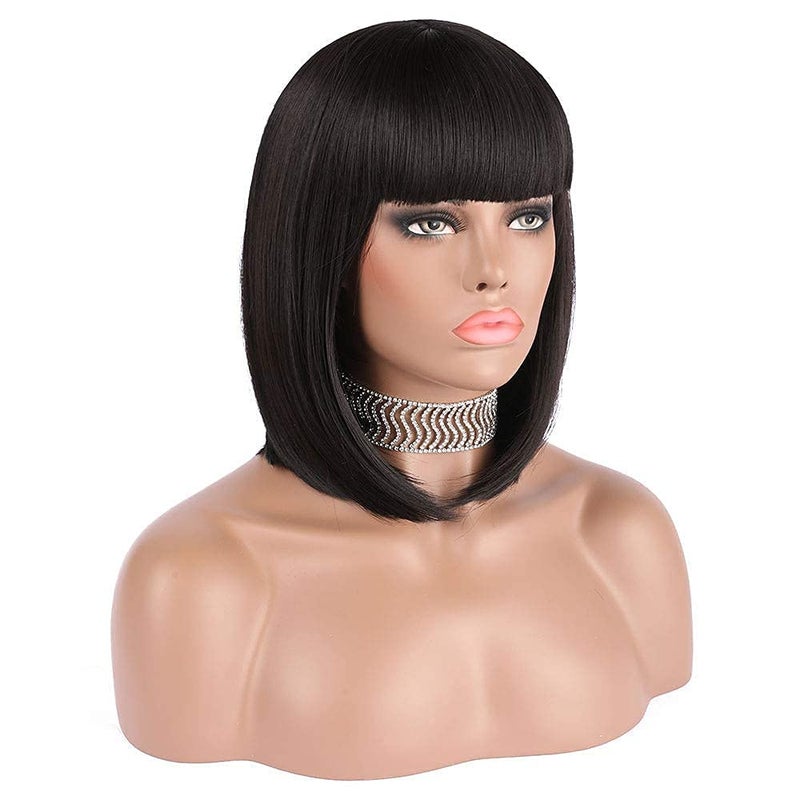 eNilecor Short Black Bob Wigs 12 Straight with Flat Bangs Synthetic Colorful Cosplay Daily Party Wig for Women Natural As Real Hair Free Wig Cap Black