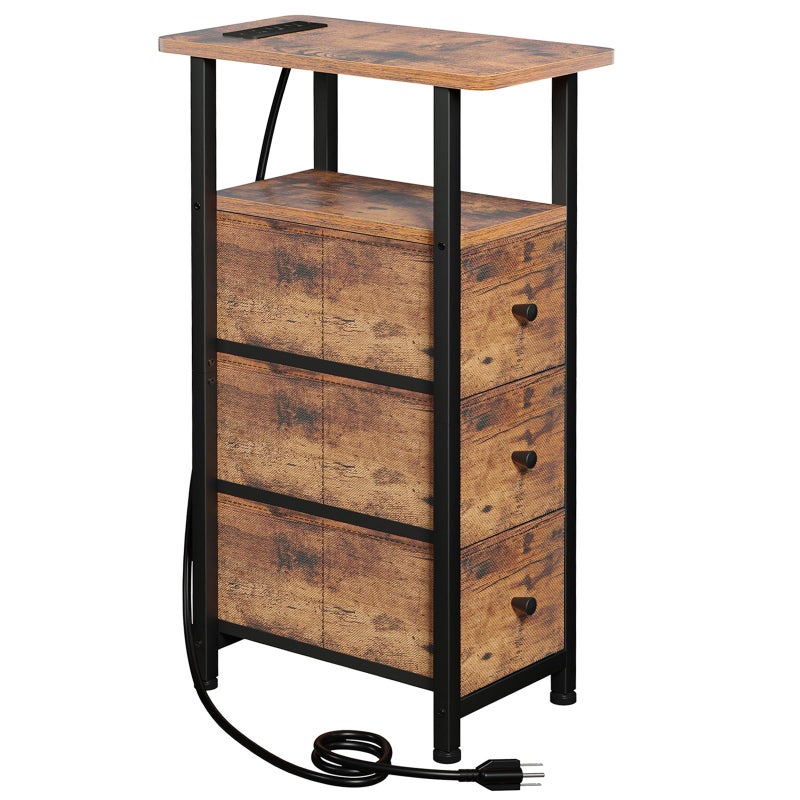 LOAKEKEL Narrow End Table Living Room with Charging Station, Skinny Side Table with Fabric Drawers, Slim Nightstand for Bedroom, Small Spaces, Couch, Rustic Brown, HETNDP03PBR-1 - Image 1