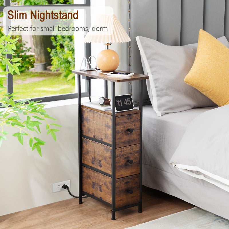 LOAKEKEL Narrow End Table Living Room with Charging Station, Skinny Side Table with Fabric Drawers, Slim Nightstand for Bedroom, Small Spaces, Couch, Rustic Brown, HETNDP03PBR-1 - Image 3