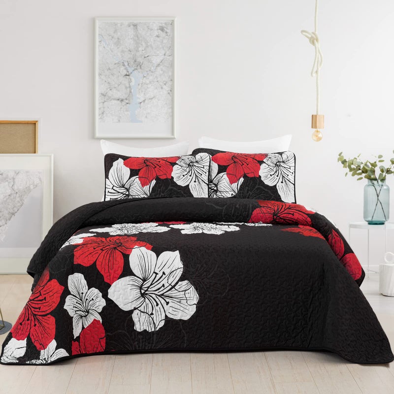 DJY DJY 3 Pieces Quilt Set California King Red Floral Pattern Quilt Coverlet Set Elegant Boho Bedspread with 2 Pillow Shams Lightweight Floral Bedding Quilt Set for All Season (Black  106""x 96"")  - Image 1
