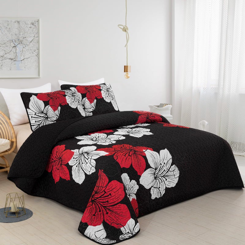 DJY DJY 3 Pieces Quilt Set California King Red Floral Pattern Quilt Coverlet Set Elegant Boho Bedspread with 2 Pillow Shams Lightweight Floral Bedding Quilt Set for All Season (Black  106""x 96"")  - Image 2