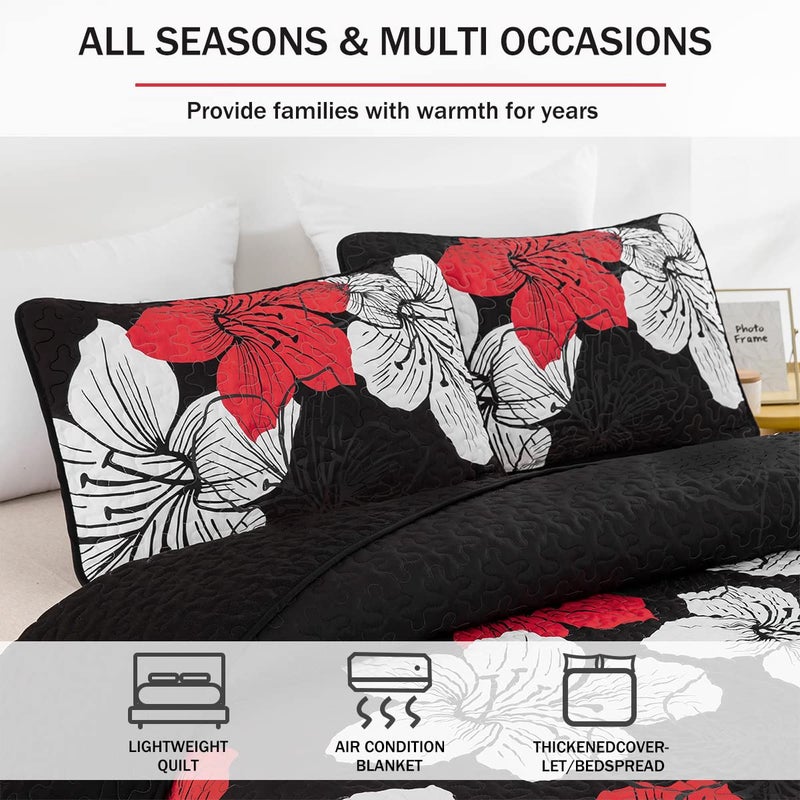 DJY DJY 3 Pieces Quilt Set California King Red Floral Pattern Quilt Coverlet Set Elegant Boho Bedspread with 2 Pillow Shams Lightweight Floral Bedding Quilt Set for All Season (Black  106""x 96"")  - Image 3