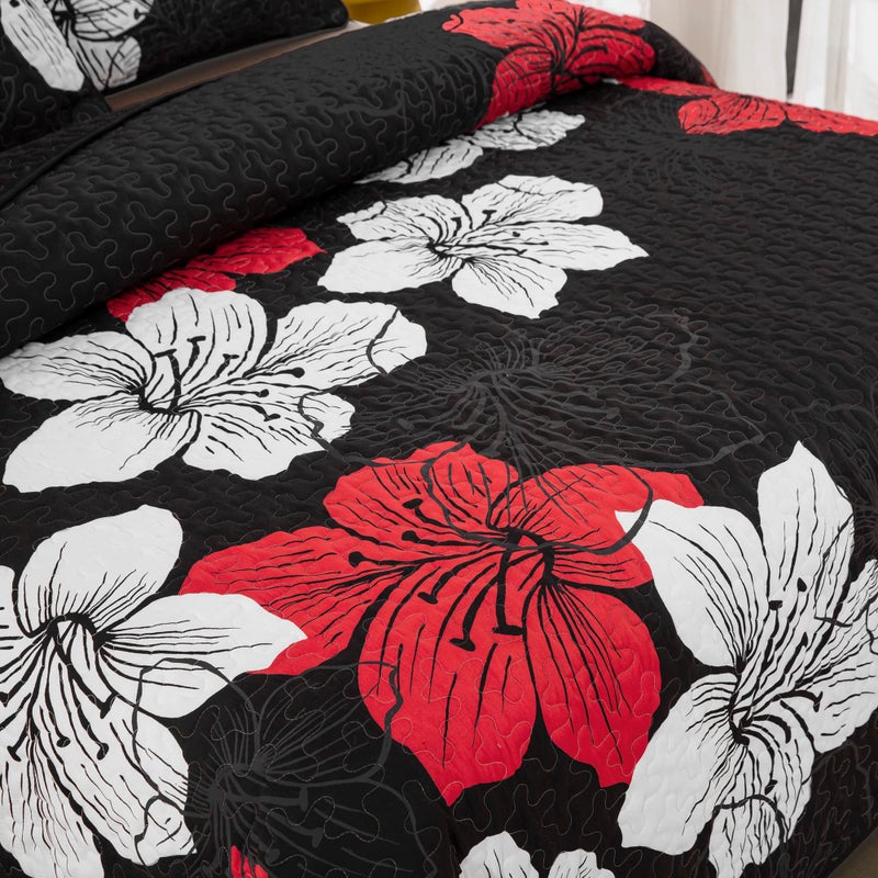 DJY DJY 3 Pieces Quilt Set California King Red Floral Pattern Quilt Coverlet Set Elegant Boho Bedspread with 2 Pillow Shams Lightweight Floral Bedding Quilt Set for All Season (Black  106""x 96"")  - Image 5