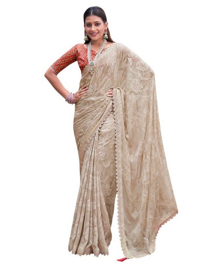 saree mall ساري مول ساري مزين بالأزهار من الشيفون للنساء مع قطعة بلوزة غير مخيطة (كريم_KINJAL4264_SM) - Image 1