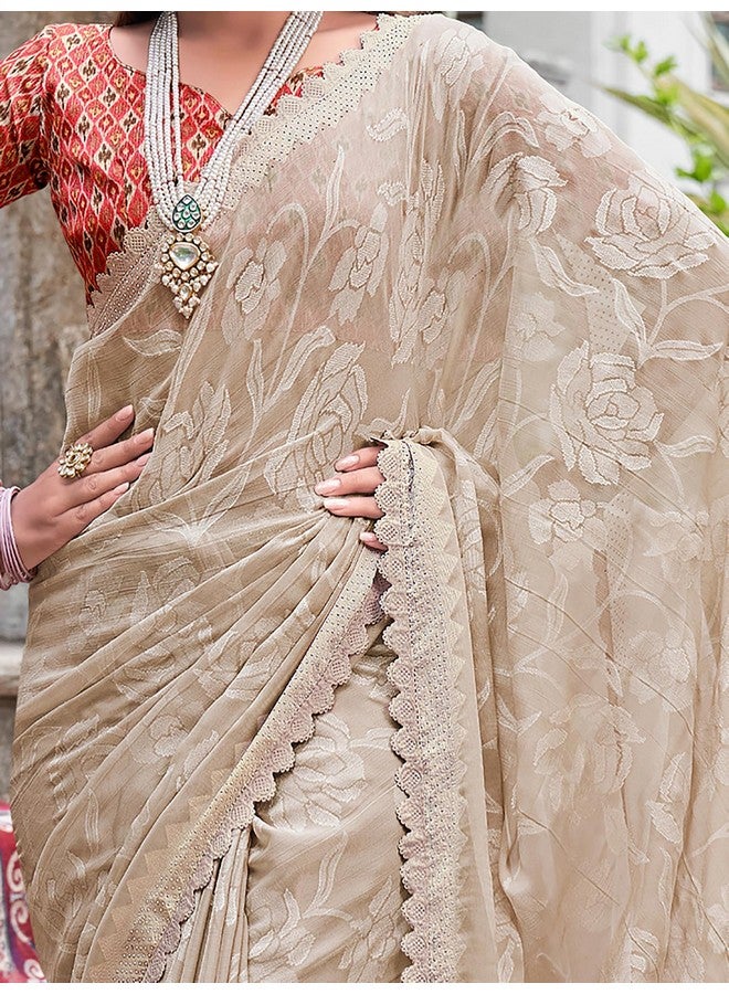 saree mall ساري مول ساري مزين بالأزهار من الشيفون للنساء مع قطعة بلوزة غير مخيطة (كريم_KINJAL4264_SM) - Image 4