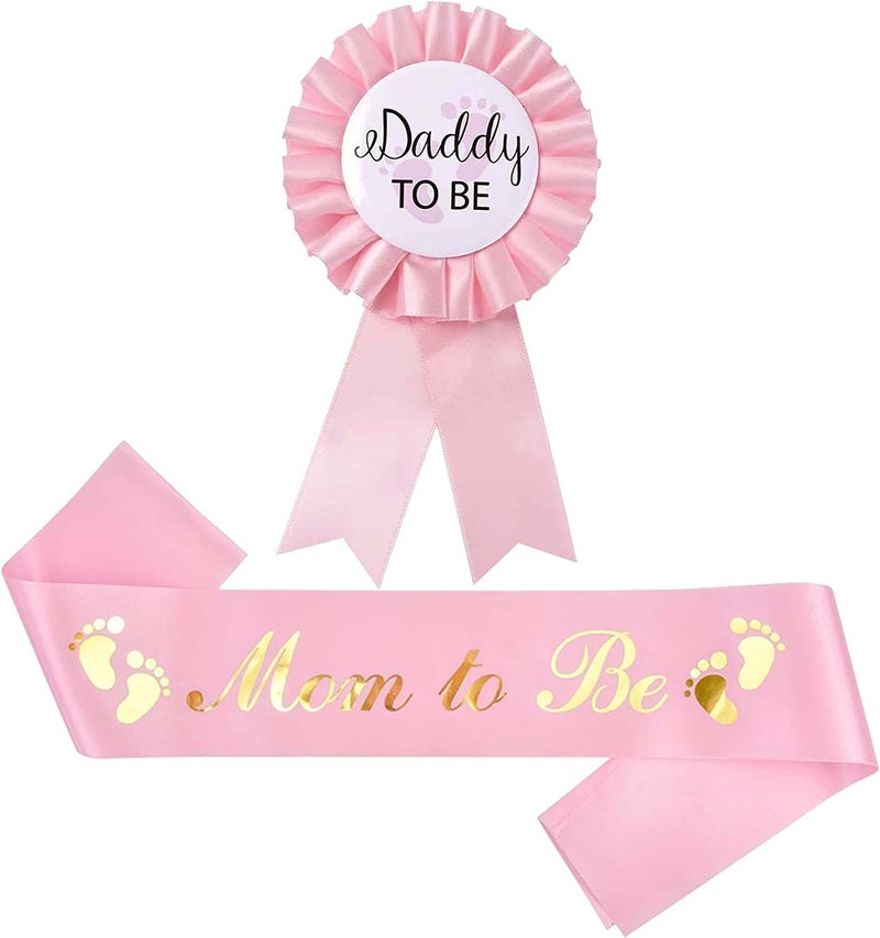 Akebrog Baby Shower Mom To Be Sash And Tinplate Badge Daddy To Be Combo Kit,Baby Gender Reveal Party Gifts (Light Pink) - Image 1