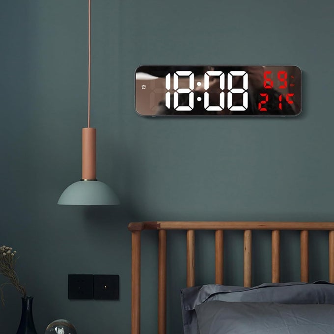 LARGE SCREEN DISPLAY LED WALL CLOCK MULTIFUNCTIONAL ALARM CLOCK SILENT CLOCK TEMPERATURE AND HUMIDITY 3 GROUPS OF ALARM CLOCKS NIGHT MODE 12HOUR24HOUR SYSTEM ADJUSTABLE BRIGHTNESS