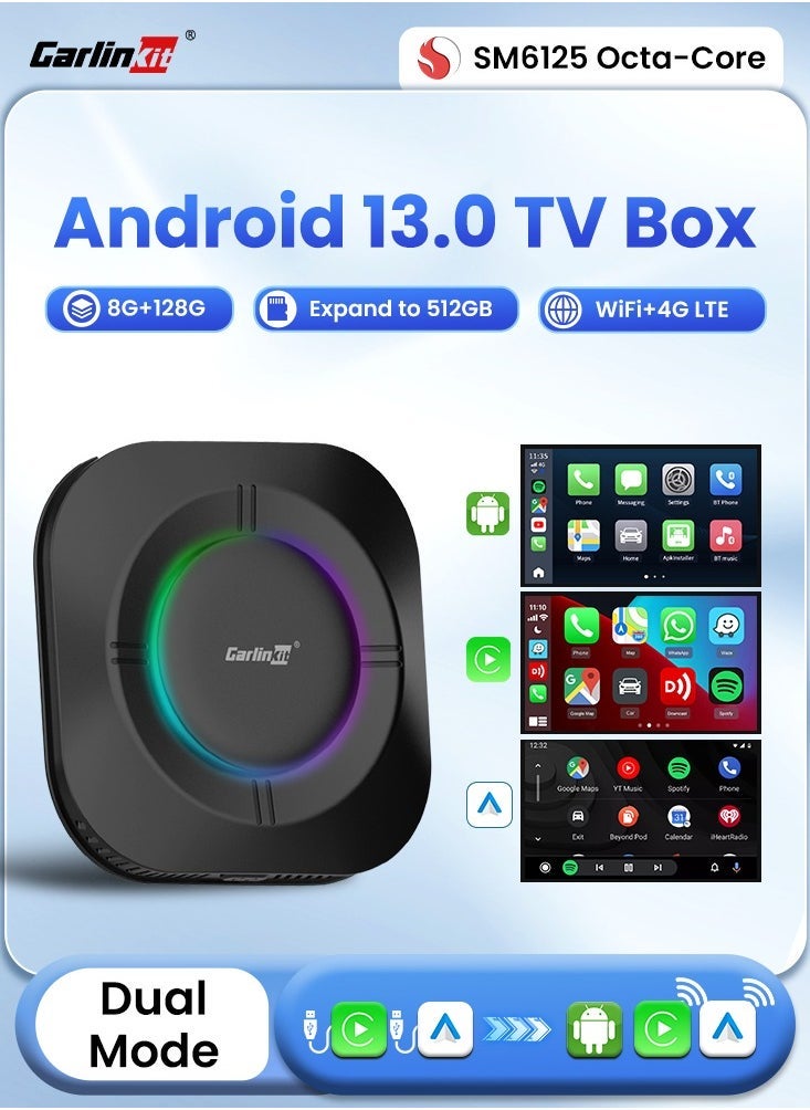 كار لينكيت CarlinKit SM6125 CarPlay Ai Box 8 النواة Android 13 صندوق بث تلفزيوني للسيارة اللاسلكية Carplay Android Auto Box 4G LTE WiFi 8 جيجابايت + 128 جيجابايت