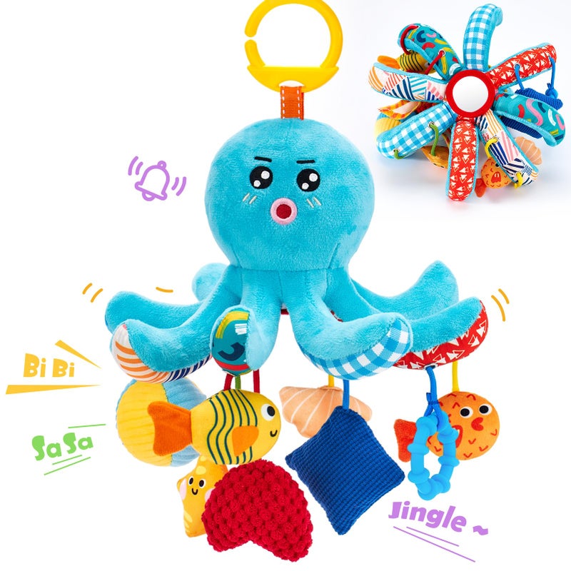 hahaland Baby Toys 0-6 Months - Octopus Toy with Pulling Cords, Squeaky, Crinkle, Rattle, Mirror - Montessori Toys 3-6 Months Developmental Newborn Infant Toy - Baby Gifts Easter Basket Stuffers - Image 1