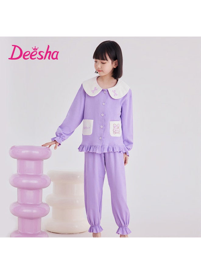 Deesha Girls' 60s Pure Cotton Pajamas, Double-sided Fabric, Four Seasons, Cute Sweet Princess Style, All-cotton Children's Long-sleeve Cardigan Loungewear - Image 1