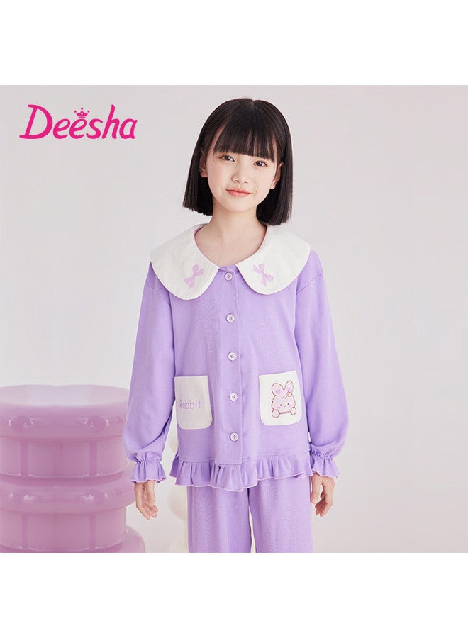 Deesha Girls' 60s Pure Cotton Pajamas, Double-sided Fabric, Four Seasons, Cute Sweet Princess Style, All-cotton Children's Long-sleeve Cardigan Loungewear - Image 2