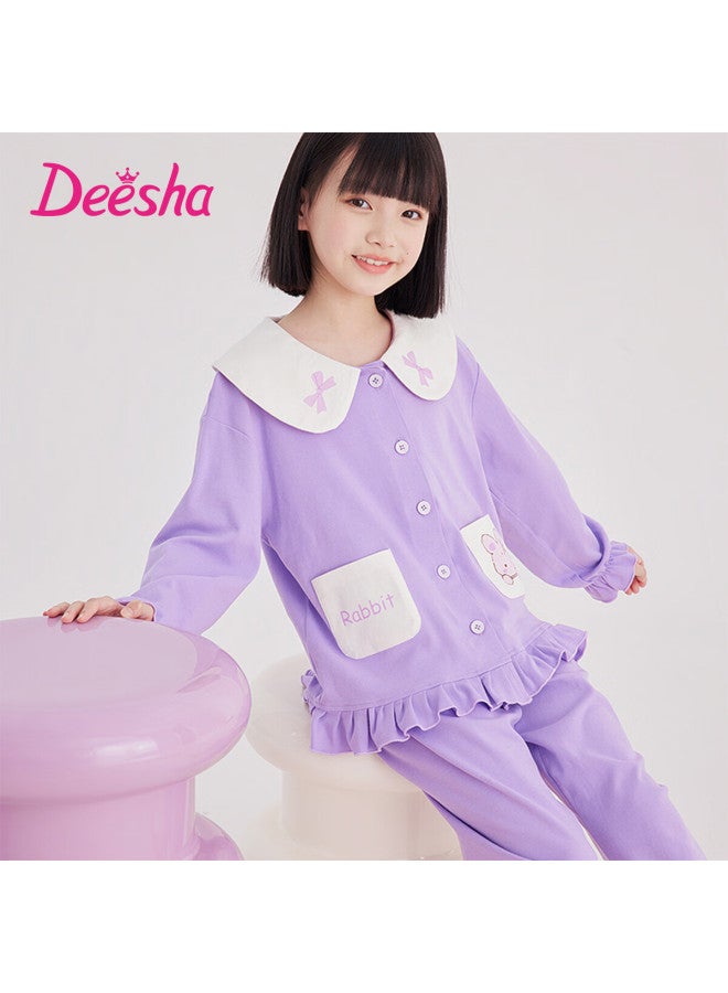 Deesha Girls' 60s Pure Cotton Pajamas, Double-sided Fabric, Four Seasons, Cute Sweet Princess Style, All-cotton Children's Long-sleeve Cardigan Loungewear - Image 3