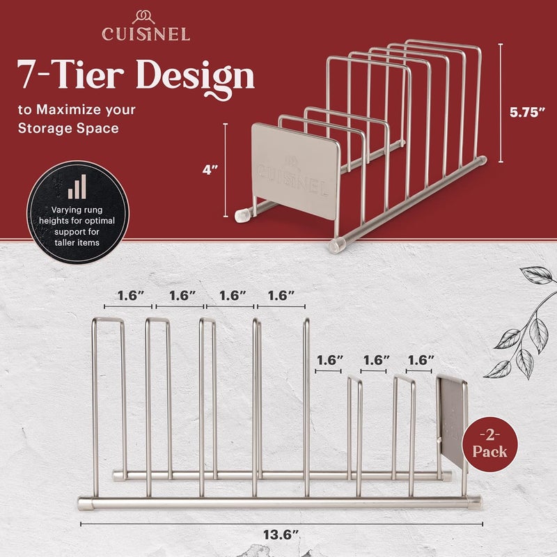 Cuisinel Lid and Dish Organizer Rack - 2-Pack Satin Nickel Kitchen Storage Organization Stand - Plate Holder, Pan/Pot Covers, Cutting Board and Cookie Sheet Divider - 7-Tier Cabinet/Counter Display - Image 2