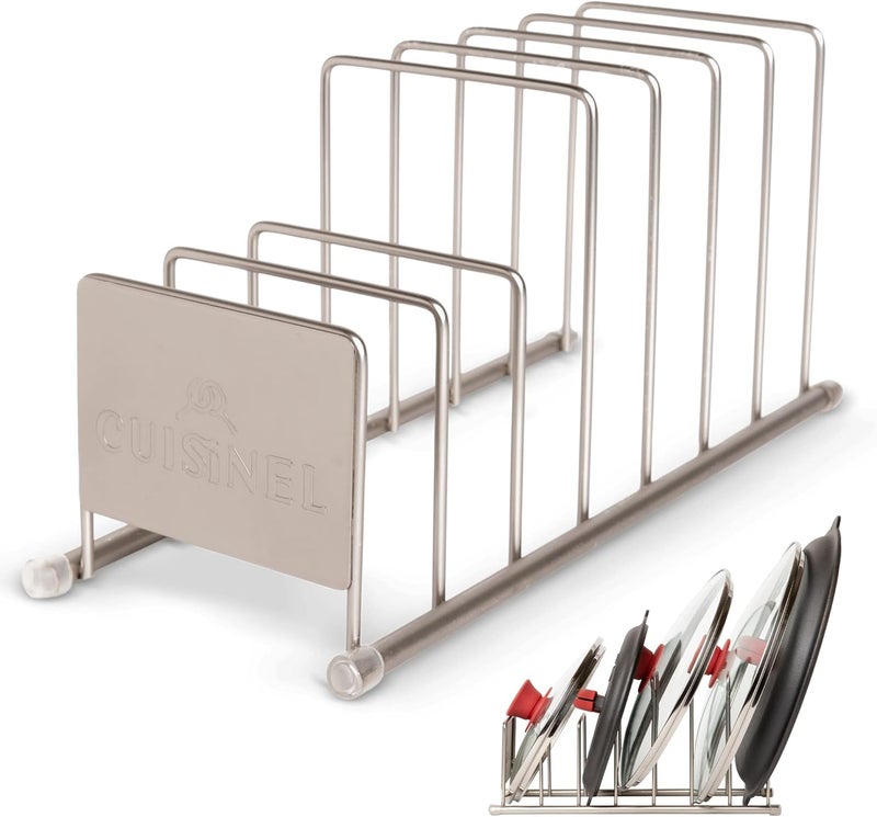 Cuisinel Lid and Dish Organizer Rack - 2-Pack Satin Nickel Kitchen Storage Organization Stand - Plate Holder, Pan/Pot Covers, Cutting Board and Cookie Sheet Divider - 7-Tier Cabinet/Counter Display - Image 3