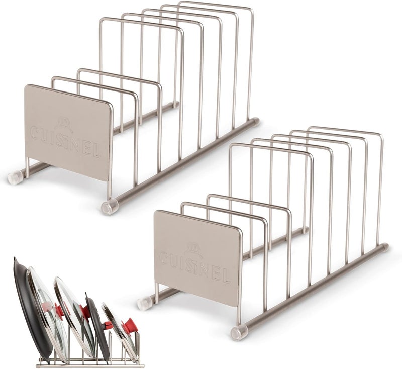 Cuisinel Lid and Dish Organizer Rack - 2-Pack Satin Nickel Kitchen Storage Organization Stand - Plate Holder, Pan/Pot Covers, Cutting Board and Cookie Sheet Divider - 7-Tier Cabinet/Counter Display - Image 1