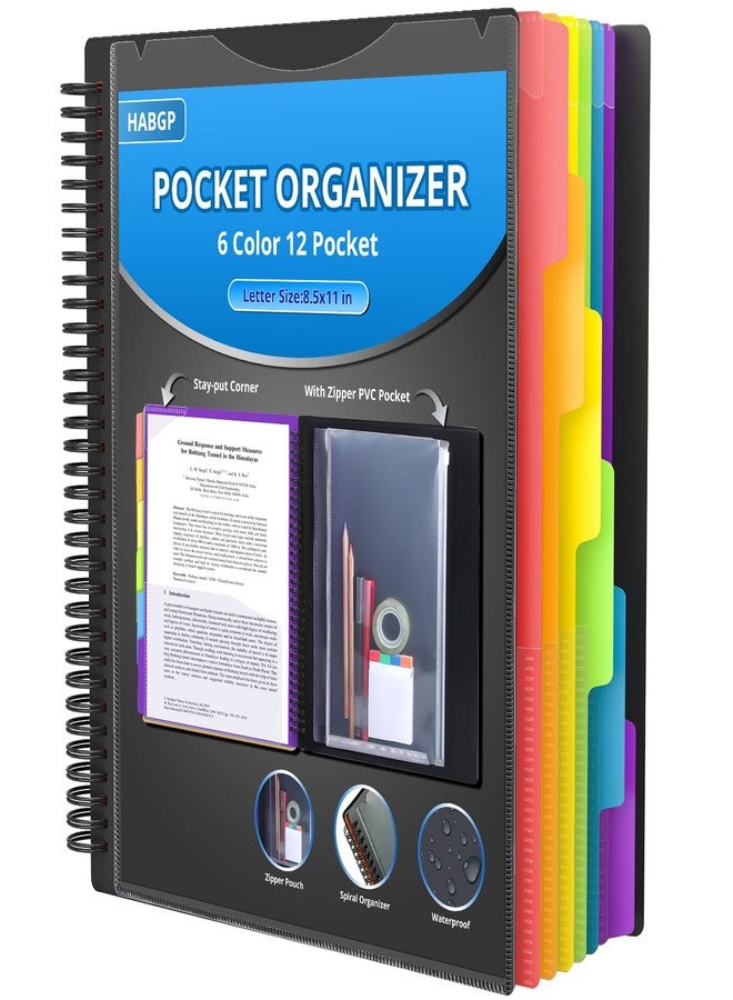 HABGP 12 Pocket Plastic folders with Pockets, 6 Colors Multi Pocket Folder Binder with Dividers, Office Organizer Folder Letter Size School Supplies - Image 1