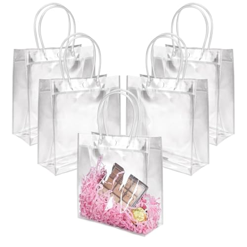 BadenBach 18 Pack Clear Gift Bags with Handles, 5.9 x 6.3 x 2.8 Inch Transparent Plastic Party Favor Bags Bulk, Mini PVC Tote Goodie Bags for Birthday Wedding Baby Shower Valentine's Day Gifts Wrap - Image 1