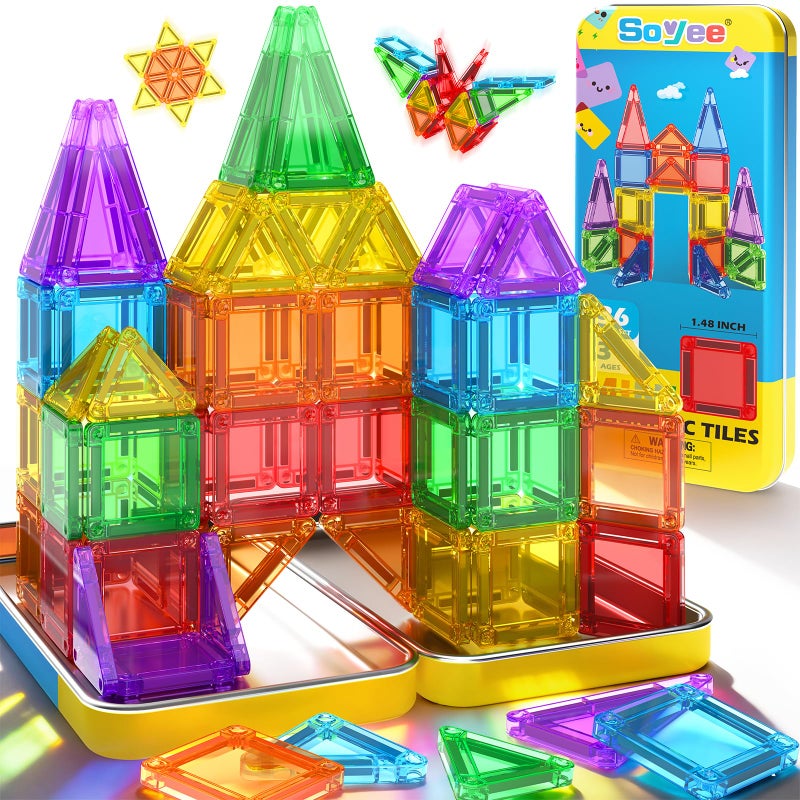 Soyee Mini Magnetic Tiles Travel Toddler Toys with Metal Tin Portable STEM Building Kids Toys for 3 4 5 6 7 8 Years Old Boys Girls Birthday Gifts - Image 2