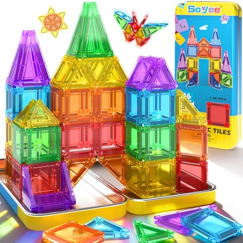 Soyee Mini Magnetic Tiles Travel Toddler Toys with Metal Tin Portable STEM Building Kids Toys for 3 4 5 6 7 8 Years Old Boys Girls Birthday Gifts - Image 1