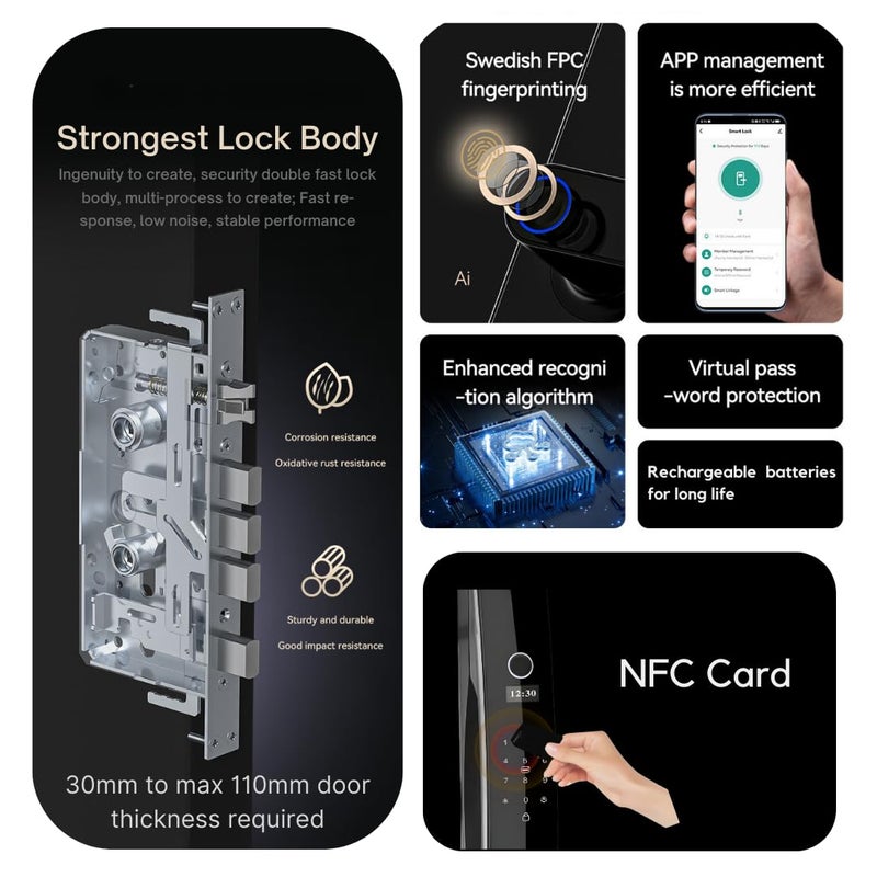 Golens X46 Smart Digital Door Lock 7 Ways to Unlock Fingerprint Pin Code RFID Card OTP Mobile App Mechanical Key Keyless Digital Entry Easy Installation - Image 5